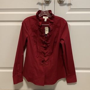 NWT Ann Taylor Loft Ruffled Deep Red Long Sleeve Button Down Blouse Medium